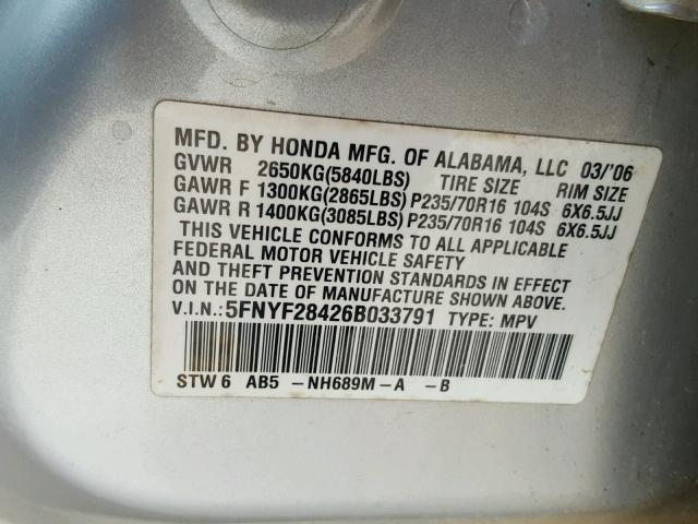 5FNYF28426B033791 - 2006 HONDA PILOT EX SILVER photo 10