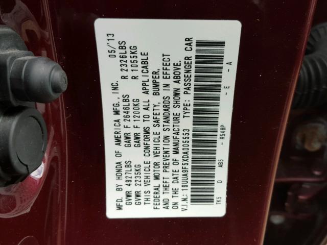 19UUA9F5XDA005553 - 2013 ACURA TL TECH BURGUNDY photo 10