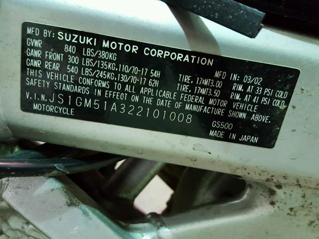 JS1GM51A322101008 - 2002 SUZUKI GS500 BLACK photo 10