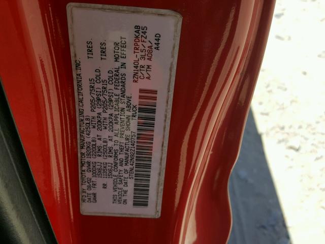 5TENL42N92Z140757 - 2002 TOYOTA TACOMA RED photo 10