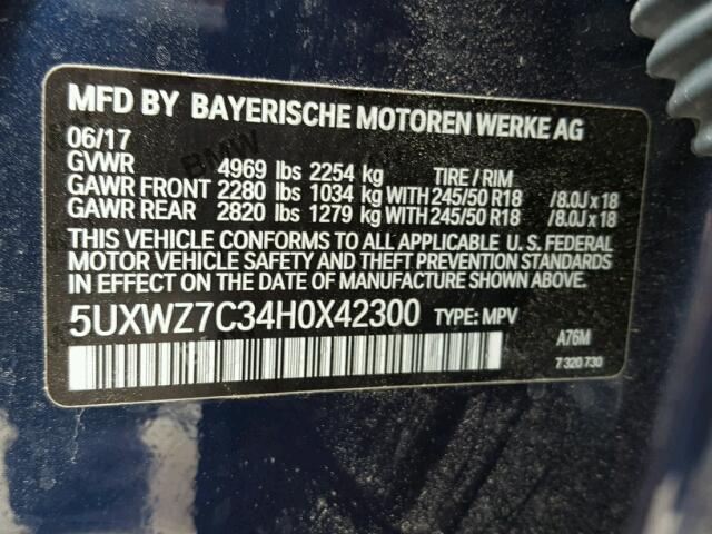 5UXWZ7C34H0X42300 - 2017 BMW X3 SDRIVE2 BLUE photo 10