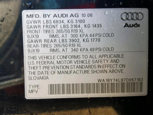 WA1BY74L97D057163 - 2007 AUDI Q7 3.6 QUA BLUE photo 10