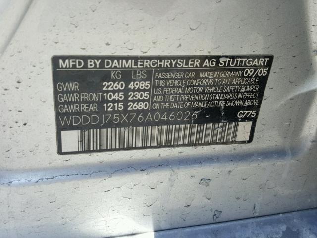 WDDDJ75X76A046026 - 2006 MERCEDES-BENZ CLS 500C SILVER photo 10