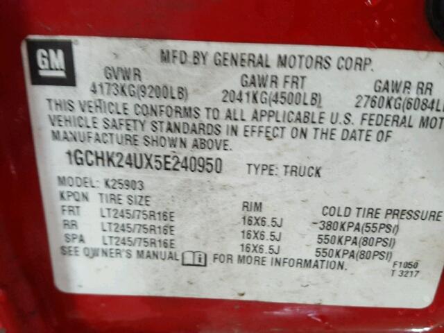 1GCHK24UX5E240950 - 2005 CHEVROLET SILVERADO RED photo 10