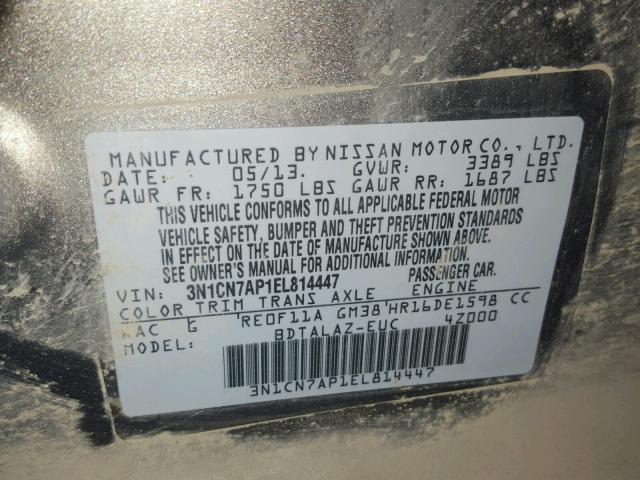 3N1CN7AP1EL814447 - 2014 NISSAN VERSA BASE GRAY photo 10