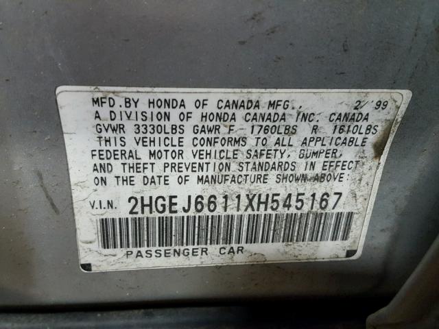 2HGEJ6611XH545167 - 1999 HONDA CIVIC BASE GRAY photo 10