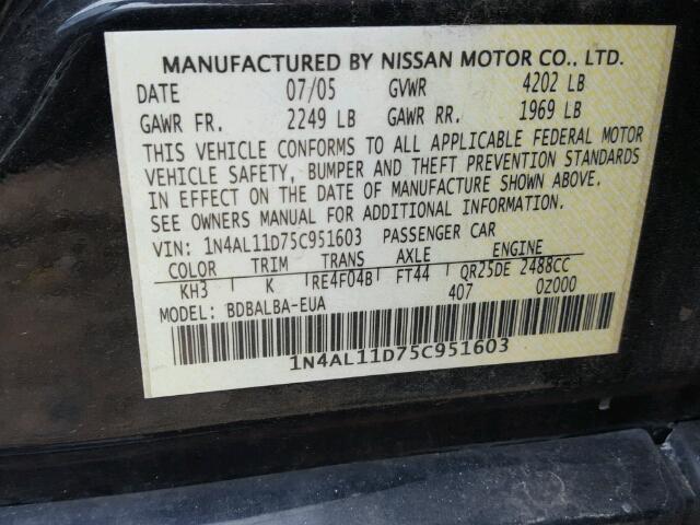 1N4AL11D75C951603 - 2005 NISSAN ALTIMA S BLACK photo 10