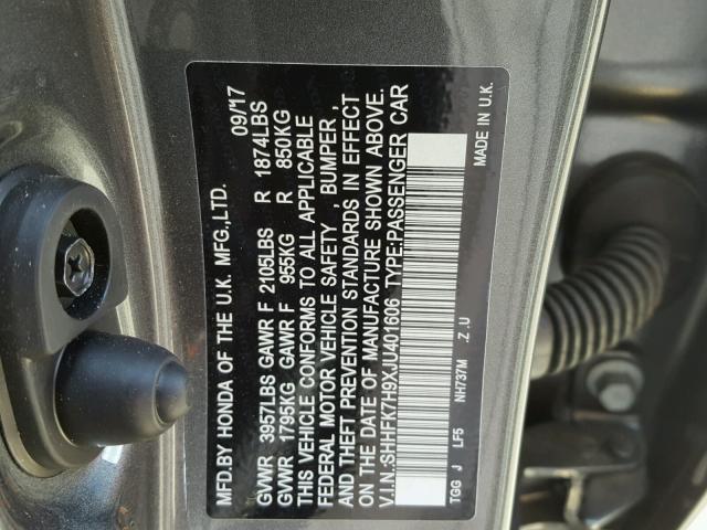 SHHFK7H9XJU401606 - 2018 HONDA CIVIC SPOR GRAY photo 10