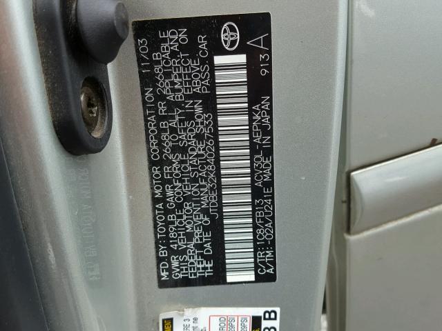 JTDBE32K840267533 - 2004 TOYOTA CAMRY LE ვერცხლისფერი ფოტო 10