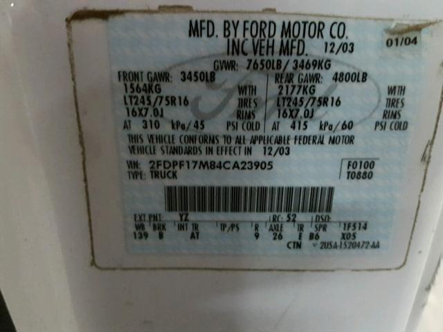 2FDPF17M84CA23905 - 2004 FORD F-150 HERI WHITE photo 10