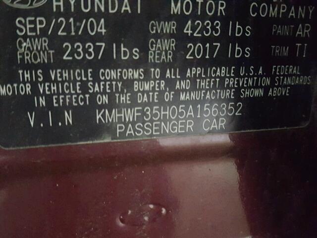 KMHWF35H05A156352 - 2005 HYUNDAI SONATA GLS MAROON photo 10