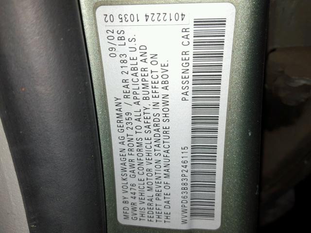 WVWPD63B83P246115 - 2003 VOLKSWAGEN PASSAT GLS GREEN photo 10