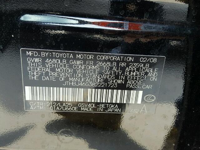 JTHBJ46G382221723 - 2008 LEXUS ES 350 BLACK photo 10