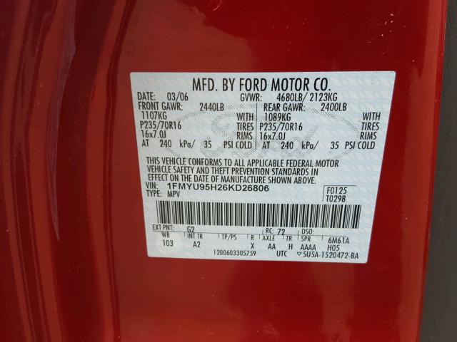 1FMYU95H26KD26806 - 2006 FORD ESCAPE HEV RED photo 10