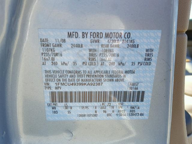 1FMCU49399KA92387 - 2009 FORD ESCAPE HYB BLUE photo 10