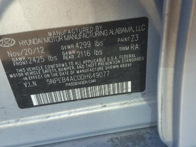 5NPEB4AC0DH649077 - 2013 HYUNDAI SONATA GLS GRAY photo 10