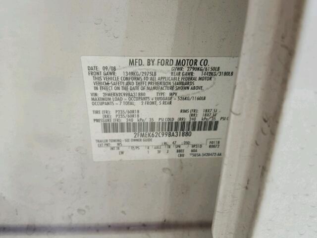 2FMEK62C99BA31880 - 2009 FORD FLEX SEL WHITE photo 10