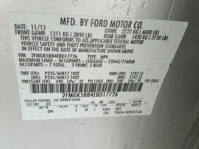 2FMGK5B84EBD17726 - 2014 FORD FLEX SE SILVER photo 10