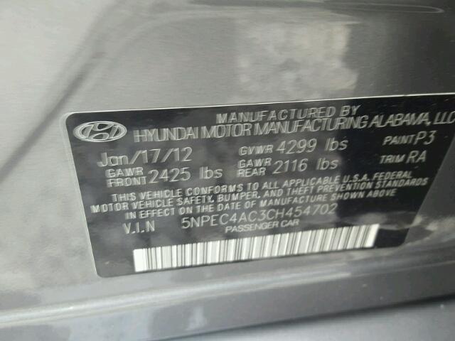 5NPEC4AC3CH454702 - 2012 HYUNDAI SONATA SE GRAY photo 10