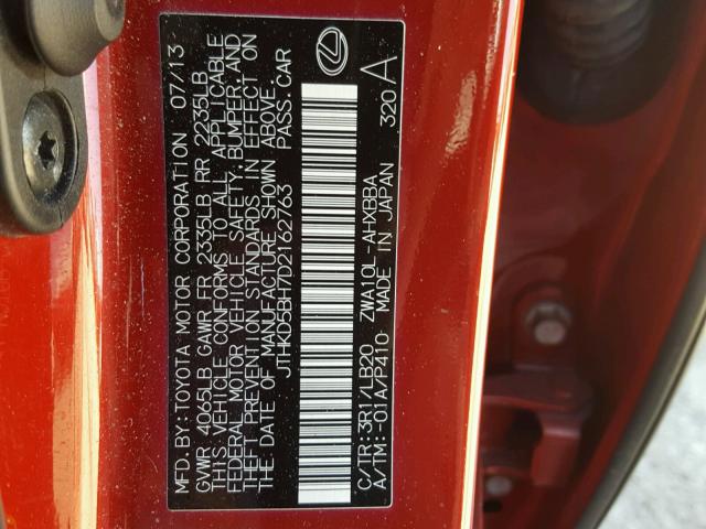 JTHKD5BH7D2162763 - 2013 LEXUS CT 200 RED photo 10