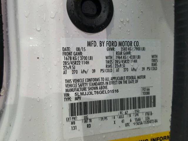 5LMJJ3LT6GEL01516 - 2016 LINCOLN NAVIGATOR 白色 照片 10