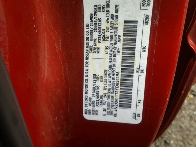 4N2XN11T3YD834196 - 2000 NISSAN QUEST SE RED photo 10