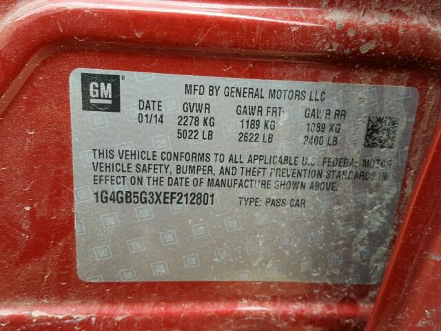 1G4GB5G3XEF212801 - 2014 BUICK LACROSSE RED photo 10