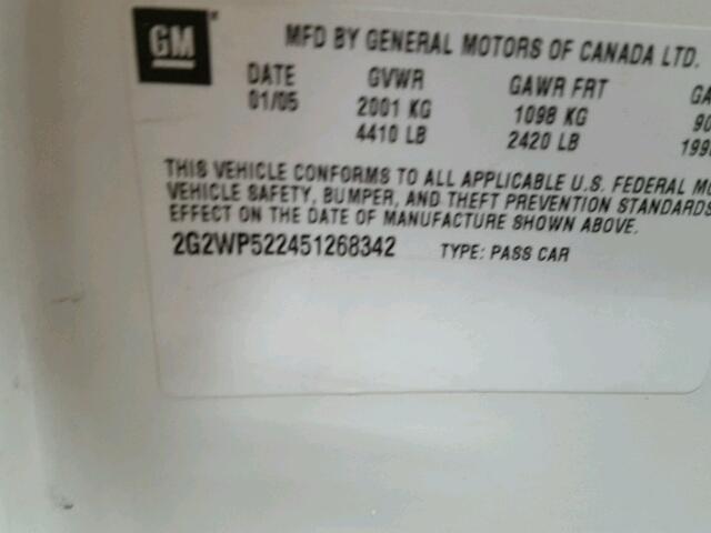 2G2WP522451268342 - 2005 PONTIAC GRAND PRIX WHITE photo 10