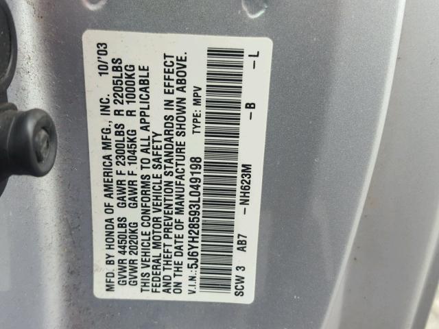 5J6YH28593L049198 - 2003 HONDA ELEMENT EX SILVER photo 10