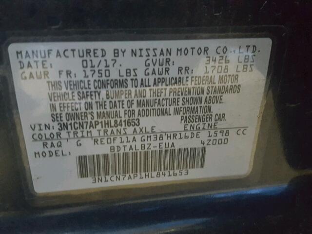 3N1CN7AP1HL841653 - 2017 NISSAN VERSA S BLUE photo 10