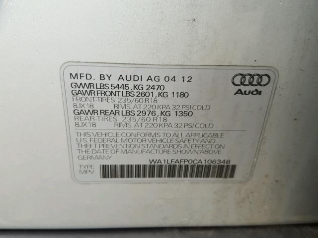 WA1LFAFP0CA106348 - 2012 AUDI Q5 PREMIUM SILVER photo 10