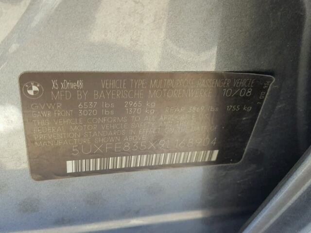 5UXFE835X9L168904 - 2009 BMW X5 XDRIVE4 GRAY photo 10