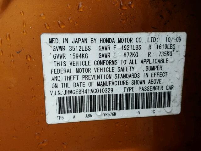 JHMGE8H41AC010329 - 2010 HONDA FIT SPORT ORANGE photo 10