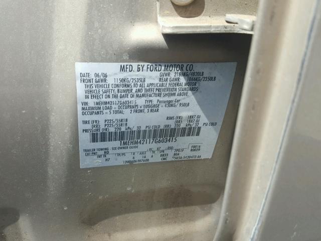 1MEHM42117G603415 - 2007 MERCURY MONTEGO PR 棕色 照片 10