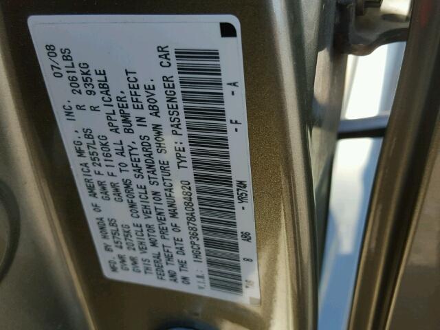 1HGCP36878A084820 - 2008 HONDA ACCORD EX- TAN photo 10