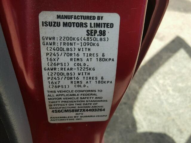 4S6CM58W2X4403264 - 1999 HONDA PASSPORT E 红色 照片 10