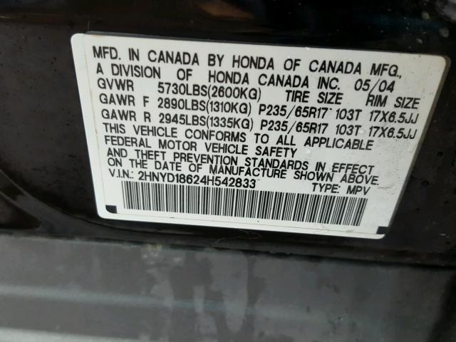 2HNYD18624H542833 - 2004 ACURA MDX TOURIN BLACK photo 10