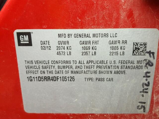 1G11D5RR4DF105126 - 2013 CHEVROLET MALIBU 1LT 红色 照片 10