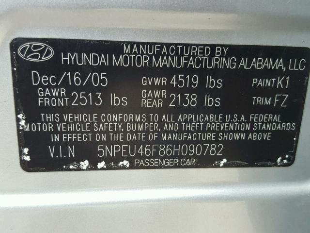 5NPEU46F86H090782 - 2006 HYUNDAI SONATA GLS SILVER photo 10