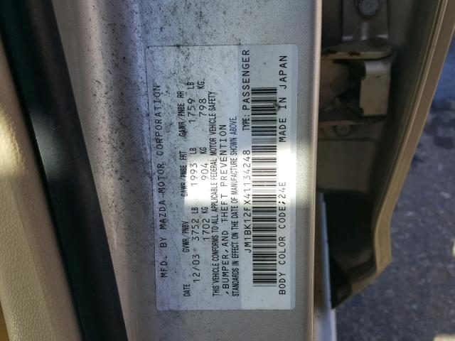 JM1BK12FX41134248 - 2004 MAZDA 3 I SILVER photo 10