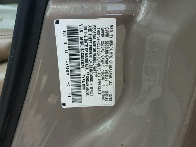 5FNRL18043B023246 - 2003 HONDA ODYSSEY EX BEIGE photo 10