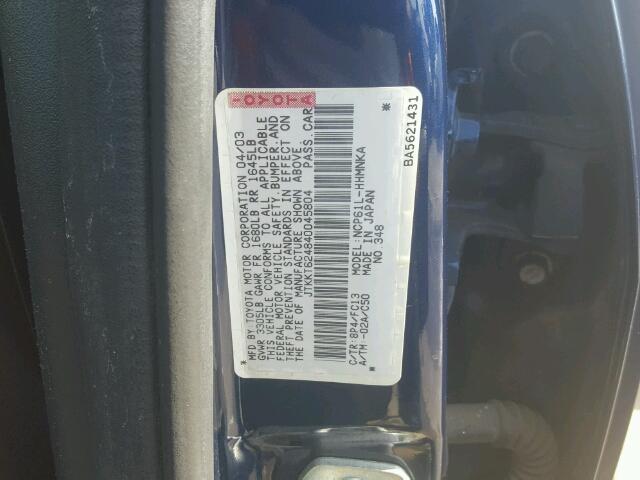 JTKKT624840045804 - 2004 TOYOTA SCION XA BLUE photo 10