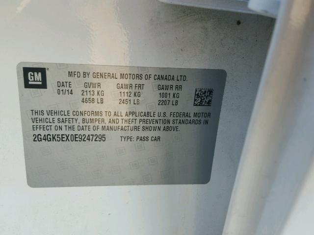 2G4GK5EX0E9247295 - 2014 BUICK REGAL WHITE photo 10