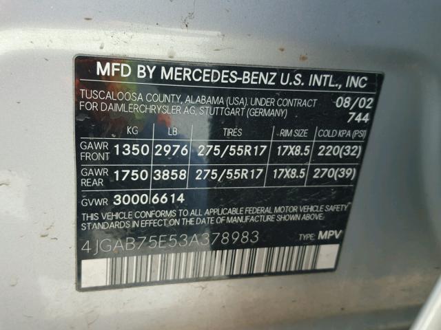 4JGAB75E53A378983 - 2003 MERCEDES-BENZ ML 500 SILVER photo 10