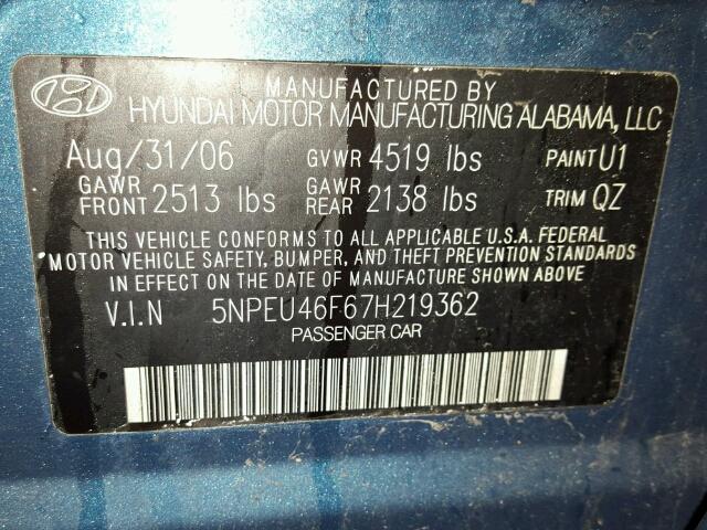 5NPEU46F67H219362 - 2007 HYUNDAI SONATA SE/ BLUE photo 10