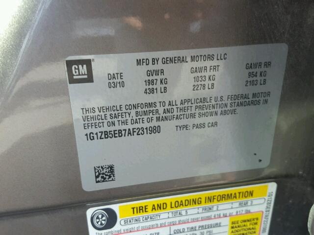 1G1ZB5EB7AF231980 - 2010 CHEVROLET MALIBU LS Qəhvəyi foto 10