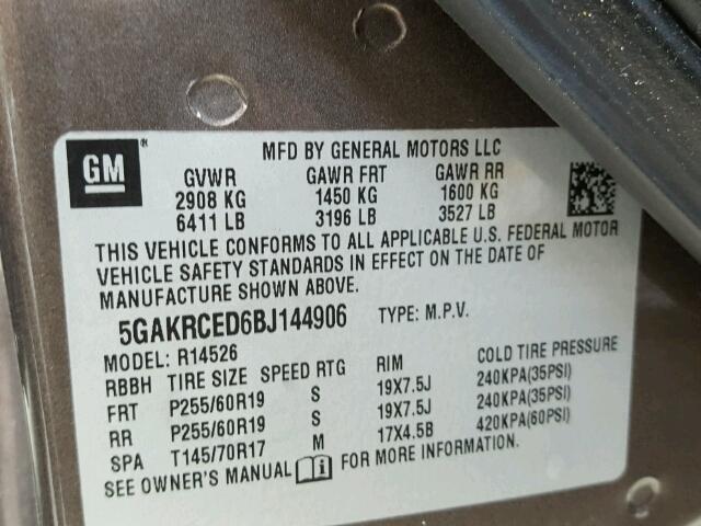 5GAKRCED6BJ144906 - 2011 BUICK ENCLAVE CX GRAY photo 10