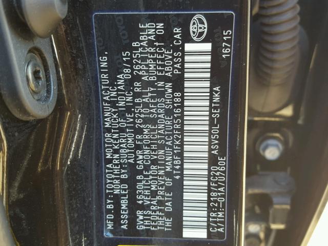 4T4BF1FK2FR516188 - 2015 TOYOTA CAMRY LE შავი ფოტო 10