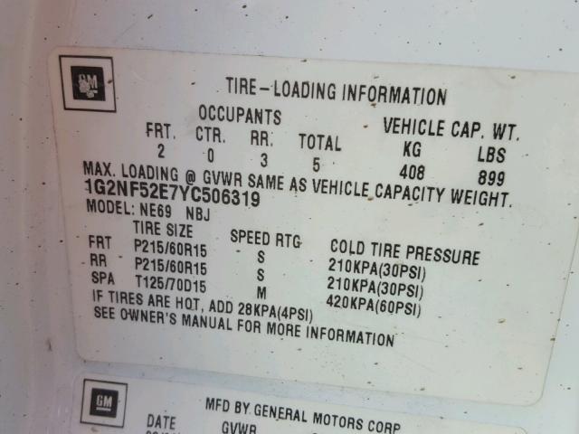 1G2NF52E7YC506319 - 2000 PONTIAC GRAND AM S თეთრი ფოტო 10