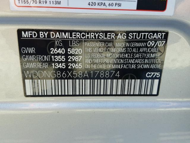 WDDNG86X58A178874 - 2008 MERCEDES-BENZ S 550 4MAT SILVER photo 10